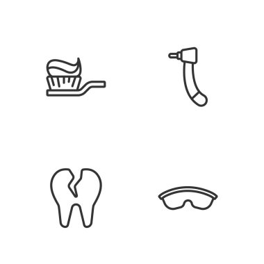 Güvenlik gözlüğü, kırık diş fırçası, diş macunu ve matkap ikonu. Vektör