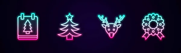 Ställ Linje Juldagskalender Träd Ren Och Krans Glödande Neonikon Vektor — Stock vektor