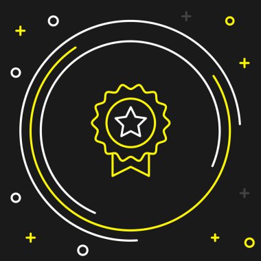 Siyah arkaplanda yıldız simgesi olan çizgi madalyası. Kazanan başarı işareti. Ödül madalyası. Renkli taslak konsepti. Vektör