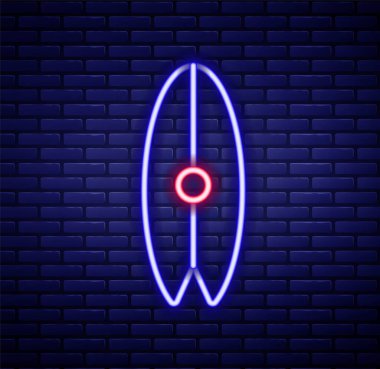 Parlayan neon hattı sörf tahtası simgesi tuğla duvar arka planında izole edildi. Sörf tahtası. Olağanüstü bir spor. Spor malzemeleri. Renkli taslak konsepti. Vektör