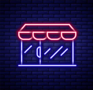 Parlayan neon hattı alışveriş binası ya da market ikonu tuğla duvar arkasında izole edilmiş. Dükkan inşaatı. Renkli taslak konsepti. Vektör