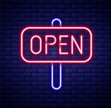 Parlayan neon çizgisi, duvarda izole edilmiş mesaj açık kapı simgesi asma tabelası. Renkli taslak konsepti. Vektör