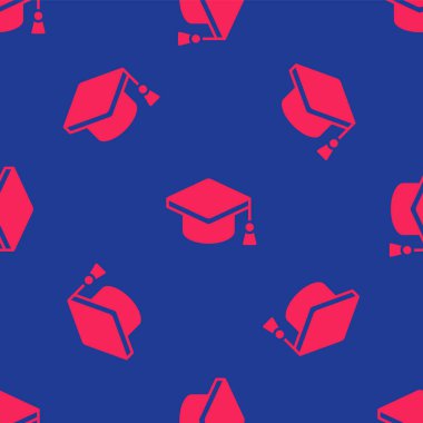 Kırmızı Mezuniyet Şapkası simgesi mavi arka planda izole edilmiş kusursuz desen. Tassel ikonlu mezuniyet şapkası. Vektör