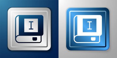 Beyaz Kitap simgesi mavi ve gri arkaplanda izole edildi. İlk cilt. Gümüş ve mavi kare düğme. Vektör