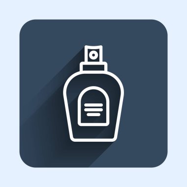 Beyaz çizgi parfüm ikonu uzun gölge arkaplan izole. Mavi kare düğme. Vektör