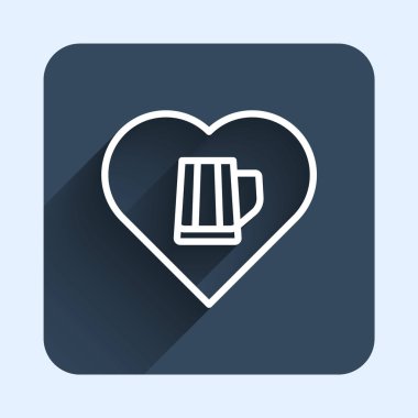 Beyaz çizgi, uzun gölgeli arka planda izole edilmiş bira ikonu dolu bir kalp. Mavi kare düğme. Vektör
