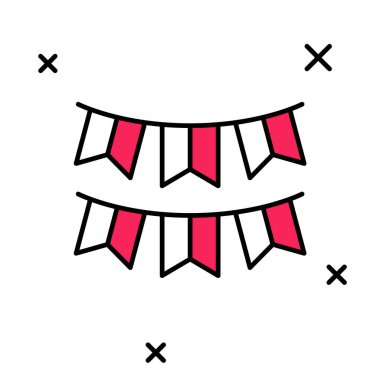 Karnaval çelengi beyaz arka planda izole edilmiş bayrak simgeleriyle dolu. Doğum günü kutlaması için parti flamaları, festival dekorasyonu. Vektör