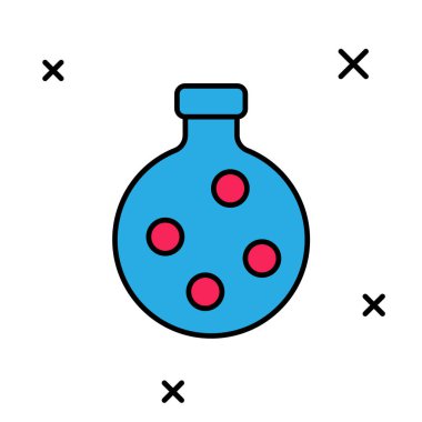 Beyaz arkaplanda izole edilmiş iksir ikonu ile ana hatları doldurulmuş. Sihirli iksirli matara. Mutlu Cadılar Bayramı Partisi. Vektör