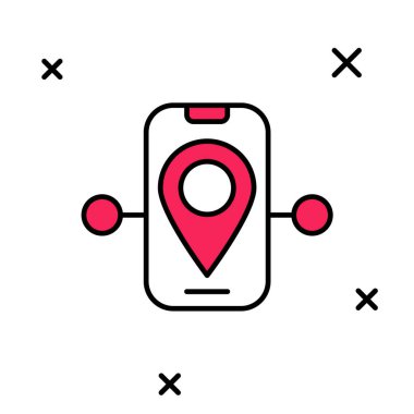 Doldurulmuş ana hat konum simgesi beyaz arkaplanda izole edildi. Tren yolu güzergahının başlangıç noktası GPS ve tire çizgisi olan yolu. Vektör