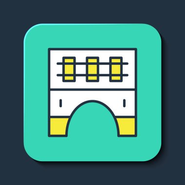 Tren simgesi için çizilmiş köprü mavi arkaplanda izole edildi. Turkuaz kare düğme. Vektör