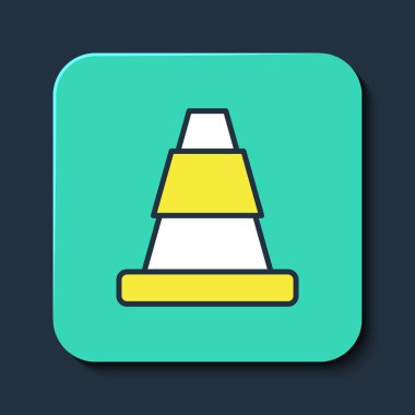 Mavi arkaplanda izole edilmiş ana hatlı trafik konisi simgesi. Turkuaz kare düğme. Vektör