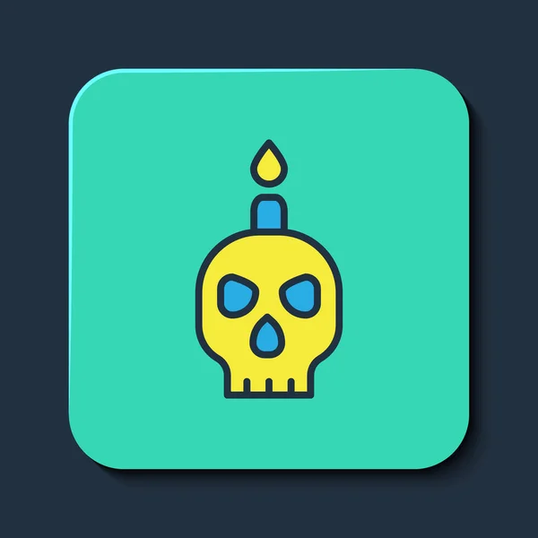 Gefüllte Umrisse Brennende Kerze auf einem Totenkopf-Symbol auf blauem Hintergrund. Tag der Toten. Türkis-quadratischer Knopf. Vektor — Stockvektor