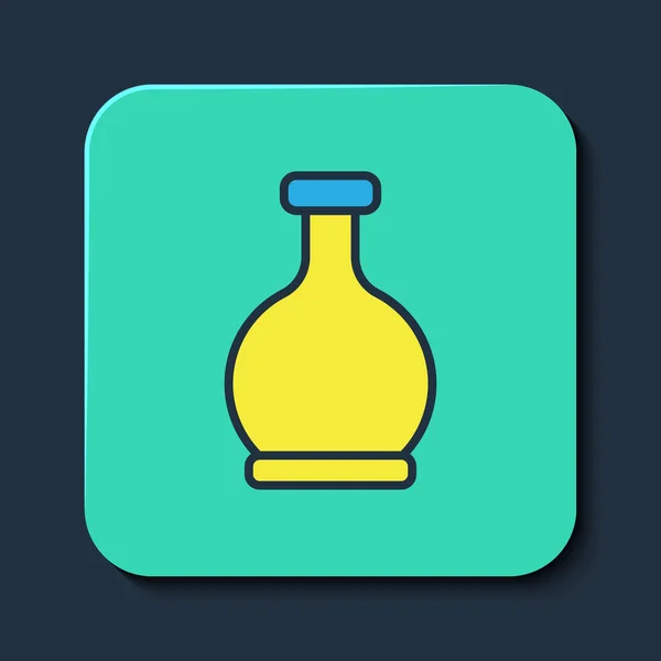 Filled outline Bottle with potion icon isolated on blue background. Flask with magic potion. Happy Halloween party. Turquoise square button. Vector — Stock Vector