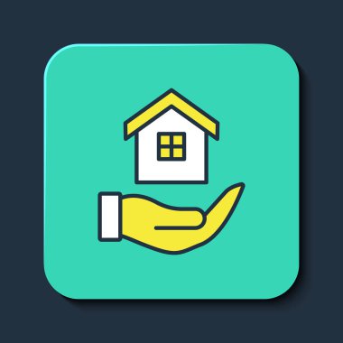 Taslak Ev 'in el simgesi mavi arka planda izole edildi. Sigorta konsepti. Güvenlik, güvenlik, koruma, konsept koruma. Turkuaz kare düğme. Vektör