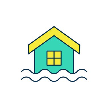 Beyaz arka planda izole edilmiş ana hatlı ev sel ikonu. Suyun altındaki evi sel basıyor. Sigorta konsepti. Güvenlik, güvenlik, koruma, konsept koruma. Vektör