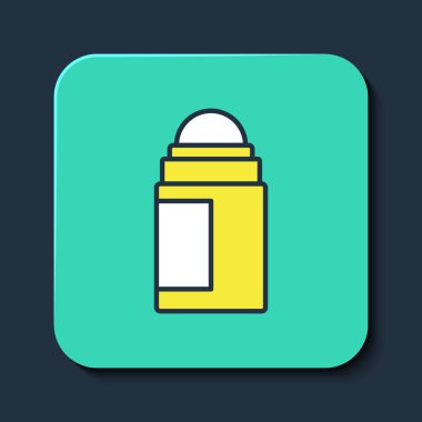 Doldurulmuş terleme önleyici deodorant rulo ikonu mavi arkaplanda izole edildi. Vücut hijyeni için kozmetik. Turkuaz kare düğme. Vektör