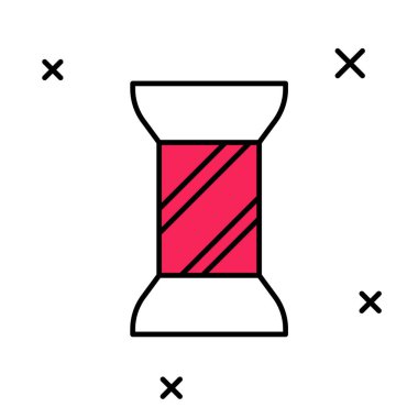 Beyaz arkaplanda izole edilmiş makara simgesi üzerindeki ana hatlı dikiş ipliği. İplik makarası. İplik kutusu. Vektör