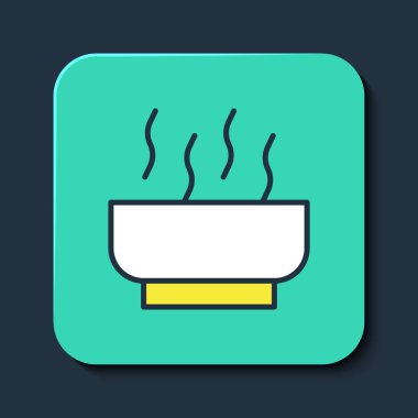 Mavi arka planda izole edilmiş erişte ikonuyla ana hatlı Ramen çorba kasesi. Bir kase geleneksel Asya erişte çorbası. Turkuaz kare düğme. Vektör