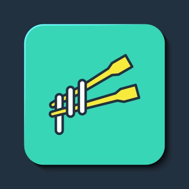 Ana hatlarıyla doldurulmuş yemek çubukları mavi arka planda izole edilmiş erişte ikonu. Asya yemekleri için tahta Kore çubukları. Doğulu aletler. Turkuaz kare düğme. Vektör