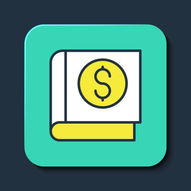 Finansal kitap ikonu mavi arka planda izole edildi. Turkuaz kare düğme. Vektör