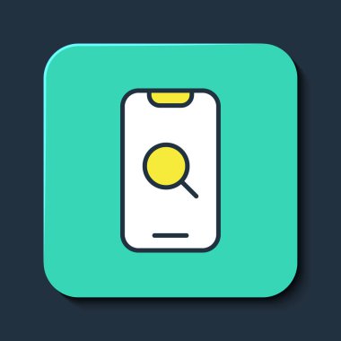 Mavi arka planda izole edilmiş ana hatlı büyüteç ve mobil simge. Arama, odaklanma, yakınlaştırma, iş sembolü. Turkuaz kare düğme. Vektör