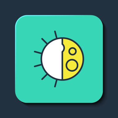 Mavi arkaplanda ana hatlarıyla gündüz döngüsü simgesi izole edildi. Gündüz konsepti, güneş ve ay. Turkuaz kare düğme. Vektör