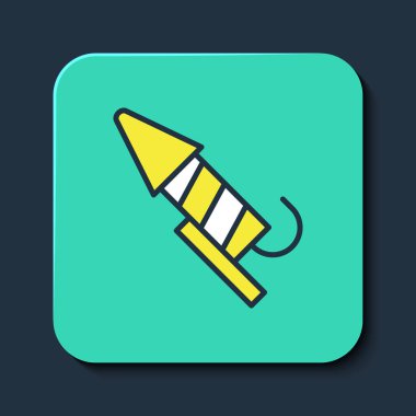 Mavi arka planda izole edilmiş ana hatlı Firework roket ikonu. Eğlence partisi anlayışı. Patlayıcı havai fişek sembolü. Turkuaz kare düğme. Vektör
