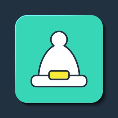 Mavi arka planda izole edilmiş Noel Baba şapkası ikonu. Mutlu Noeller ve mutlu yıllar. Turkuaz kare düğme. Vektör