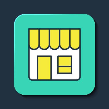 Alışveriş merkezi ya da market simgesi mavi arka planda izole edildi. Dükkan inşaatı. Turkuaz kare düğme. Vektör