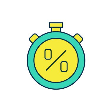 Beyaz arkaplanda yüzde yüz indirim simgesiyle ana hatlı Kronometreyi doldurdum. Zaman göstergesi. Vektör