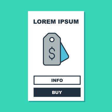 Fiyat etiketini turkuaz arka planda izole edilmiş dolar simgesiyle doldurdum. Rozet fiyatına. Dolar sembollü indirim. Reklam etiketi indirimi. Vektör