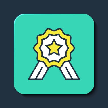 Beş yıldızlı ana hatları doldurulmuş ürün değerlendirme simgesi mavi arka planda izole edildi. Favori, en iyi derecelendirme, ödül sembolü. Turkuaz kare düğme. Vektör