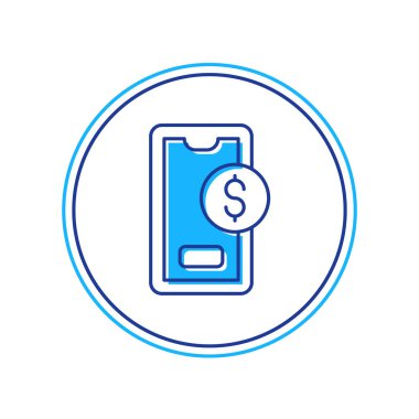 Beyaz arka planda izole edilmiş dolar sembollü akıllı telefon. İnternetten alışveriş konsepti. Finansal cep telefonu simgesi. Çevrimiçi ödeme. Vektör