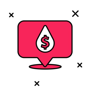 Beyaz arka planda izole edilmiş dolar sembolü simgesiyle ana hatlarıyla doldurulmuş yağ damlası. Petrol fiyatı. Petrol ve petrol endüstrisi. Vektör