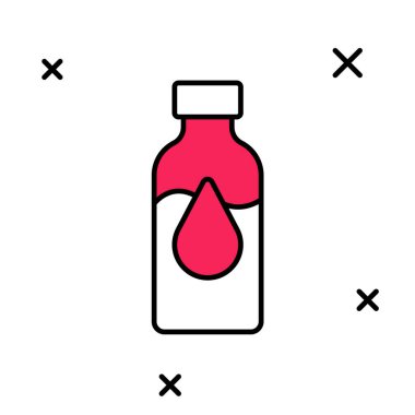 Doldurulmuş petrol test tüpü simgesi beyaz arka planda izole edildi. Komiklik şişesi ve düşen damla. Vektör