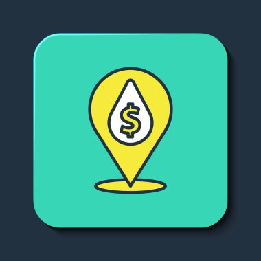 Mavi arka planda izole edilmiş dolar sembolü simgesiyle kaplanmış yağ damlası. Petrol fiyatı. Petrol ve petrol endüstrisi. Turkuaz kare düğme. Vektör