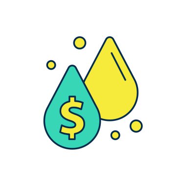 Beyaz arka planda izole edilmiş dolar sembolü simgesiyle ana hatlarıyla doldurulmuş yağ damlası. Petrol fiyatı. Petrol ve petrol endüstrisi. Vektör