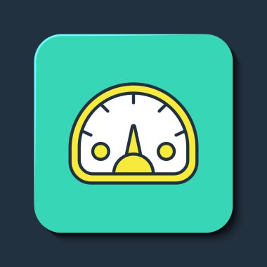 Doldurulmuş ana hat hız göstergesi simgesi mavi arkaplanda izole edildi. Turkuaz kare düğme. Vektör