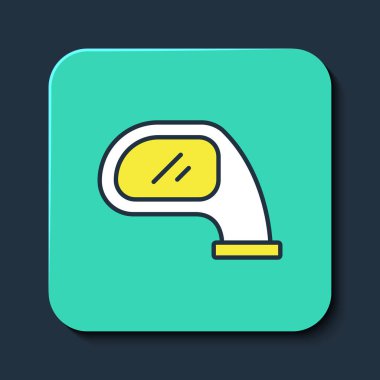 Mavi arka planda izole edilmiş ana hatlı araba aynası simgesi. Turkuaz kare düğme. Vektör