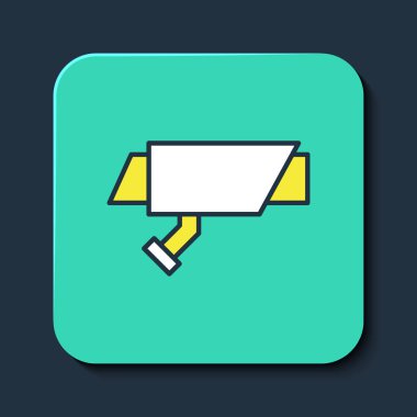 Mavi arka planda izole edilmiş ana hatlı güvenlik kamerası simgesi. Turkuaz kare düğme. Vektör