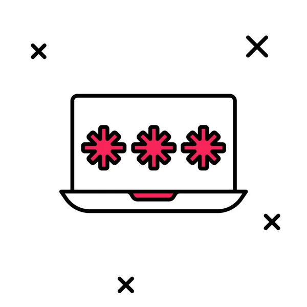 Esboço preenchido Laptop com ícone de notificação de senha isolado no fundo branco. Segurança, acesso pessoal, autorização do usuário, formulário de login. Vetor — Vetor de Stock