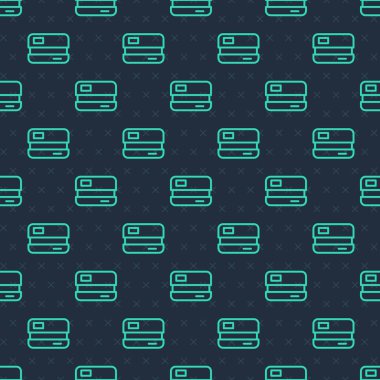 Yeşil çizgi kredi kartı simgesi mavi arkaplandaki kusursuz deseni izole etti. Çevrimiçi ödeme. Nakit çekilmesi. Finansal operasyonlar. Alışveriş tabelası. Vektör.