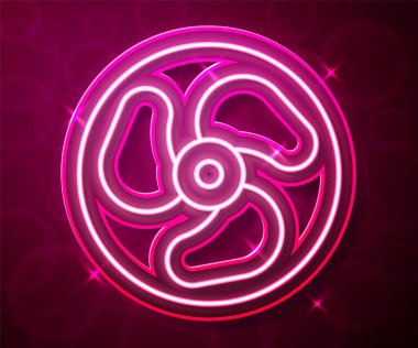 Parlayan neon hattı dış tekne motor ikonu kırmızı arkaplanda izole edildi. Tekne motoru. Vektör.