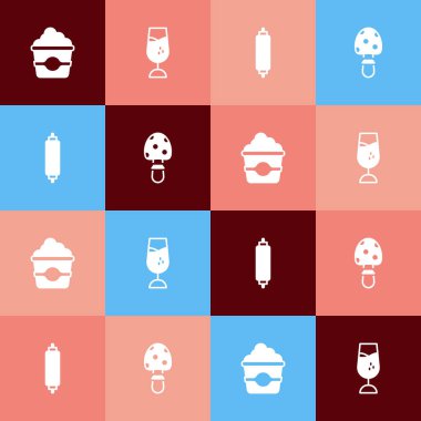 Patlamış mısırı mukavva kutuya, şarap bardağına, yuvarlanan raptiyeye ve mantar ikonuna yerleştir. Vektör.