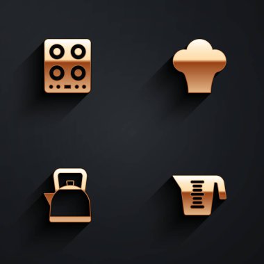 Gaz ocağı aşçısı şapkasını saplı ve ölçü kabı simgesini uzun gölgeli ayarla. Vektör.