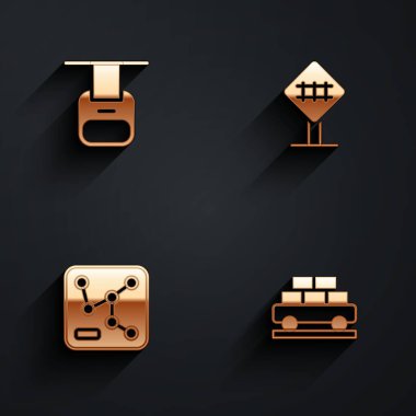 Demiryolu hattını demiryolu haritası ve yük vagonu ikonunu uzun gölgeli olarak ayarla. Vektör.