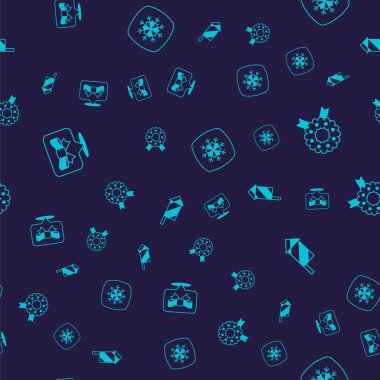 Hediye yayı, Noel çelengi, kar tanesi ve havai fişek roketini kusursuz desenlere ayarlayın. Vektör.