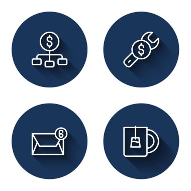 Hiyerarşiyi dolar onarım fiyatları e-posta ve uzun gölgeli bir fincan çay ile ayarla. Mavi daire düğmesi. Vektör.