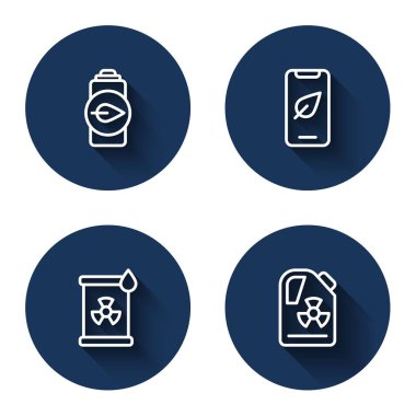 Varilde radyoaktif atık ve uzun gölgeli Eko doğa yaprağı pilli cep telefonu hattı kurun. Mavi daire düğmesi. Vektör.