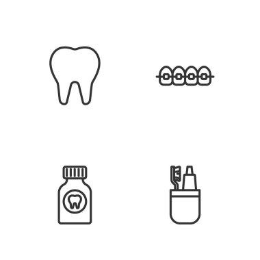 Diş fırçası ve diş macunu ağrı kesici tablet ve diş teli ikonlu diş macunu ayarla. Vektör.